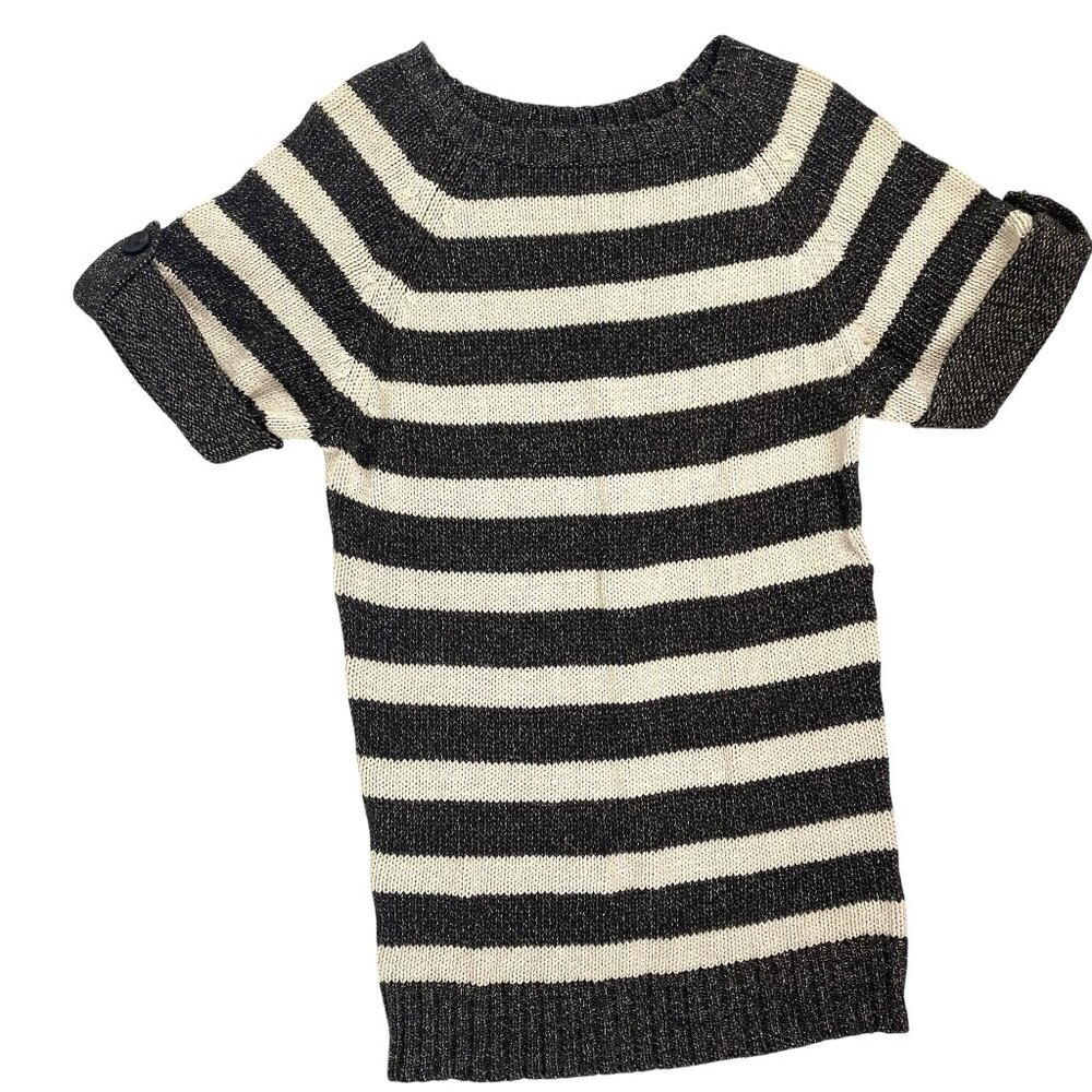 Ann Taylor XS Preppy Chic Striped Metallic Knit Shimmer Sweater Top Black Cream